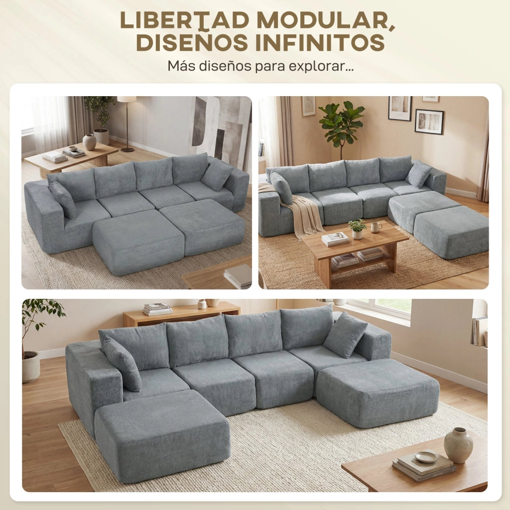 Divano angolare modulare a U ¨C Zephmum ¨C Tessuto grigio scuro con 2 sgabelli e 2 cuscini