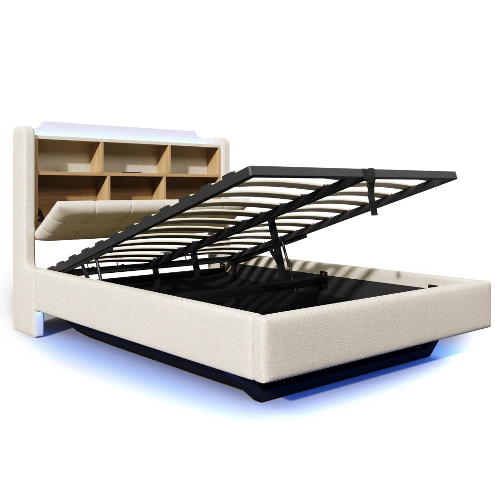 Letto imbottito 140x200 cm con contenitore idraulico e LED beige