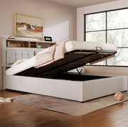 Letto matrimoniale imbottito 140x200 cm con testiera regolabile; USB e contenitore; beige