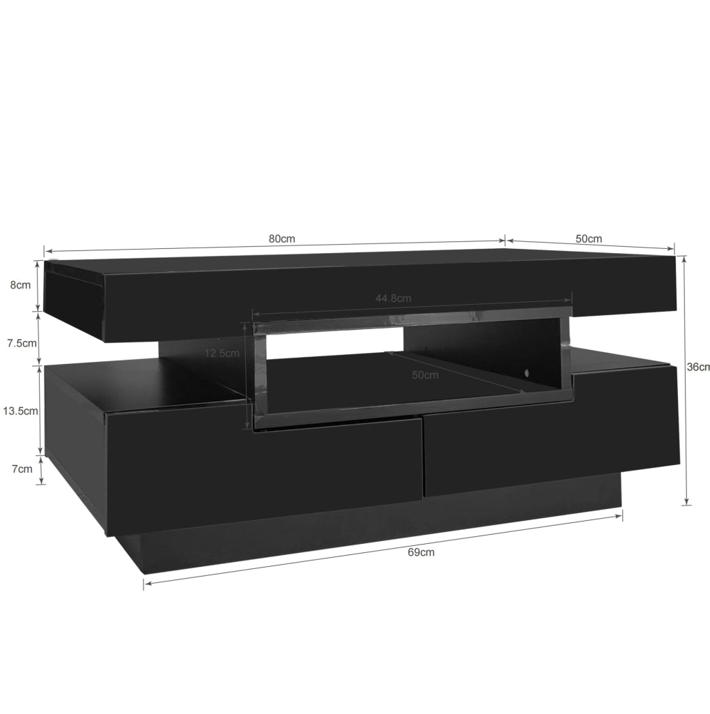Tavolino da caffè lucido nero 80x50x36 cm con LED; 3 vani aperti e 4 cassetti