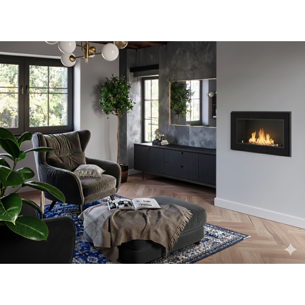 Caminetto a Bioetanolo Frame 900 SimpleFire da incasso con Vetro - Nero Opaco
