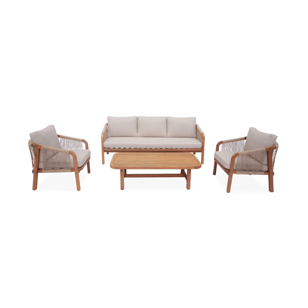 Salotto da giardino in legno e corda, 5 posti, beige