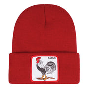 Berretto ricamato con gallo, in maglia, con risvolto, rosso