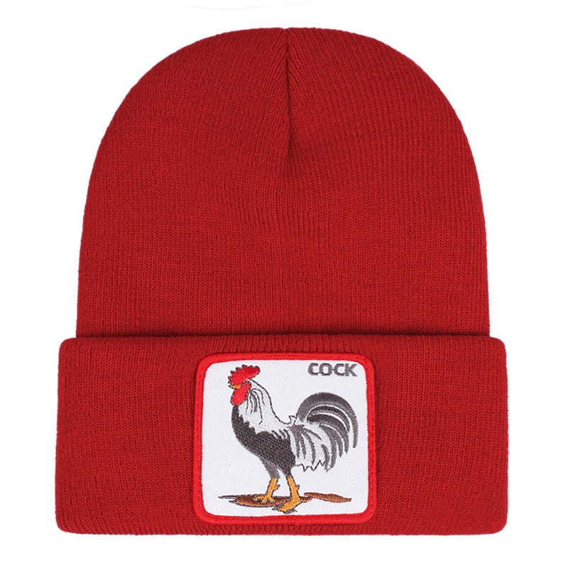 Berretto ricamato con gallo, in maglia, con risvolto, rosso