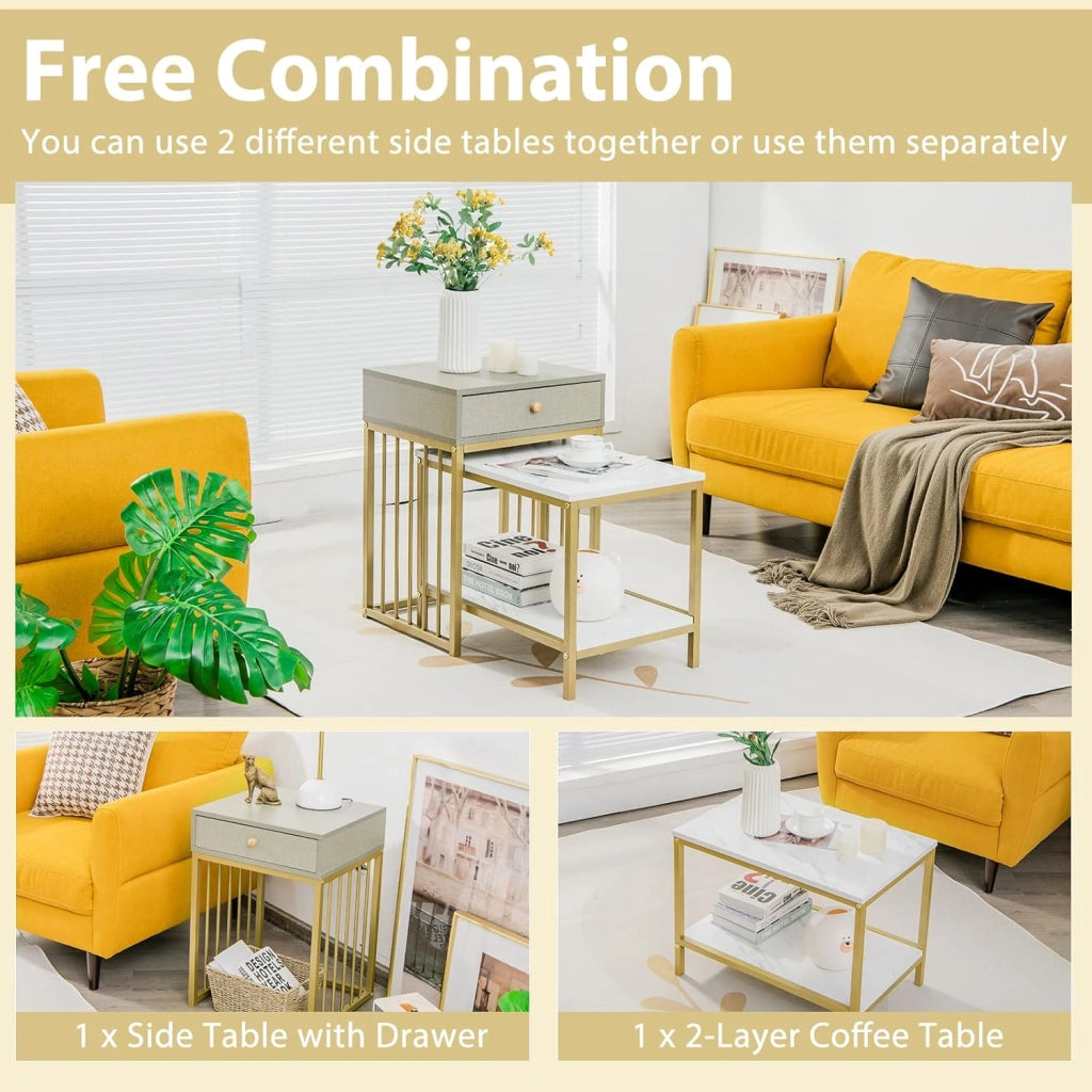 Set di 2 Tavolini con Cassetti, Tavolo da Soggiorno Annidabile, Comodino in Metallo Dorato, Tavolino da Caffè dal Design Elegente e Moderno, Ideale per Soggiorno, Camera da Letto