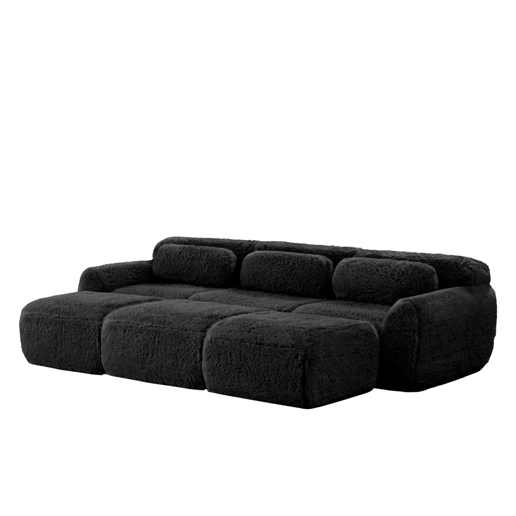 Divano Modulare 3 Posti con 3 Pouf, Convertibile, Configurazione ad L o ad U, in Peluche, Nero