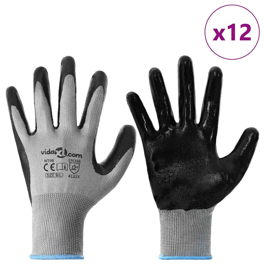 Guanti da Lavoro 12 pcs Grigio e Nero 9 / l Poliestere