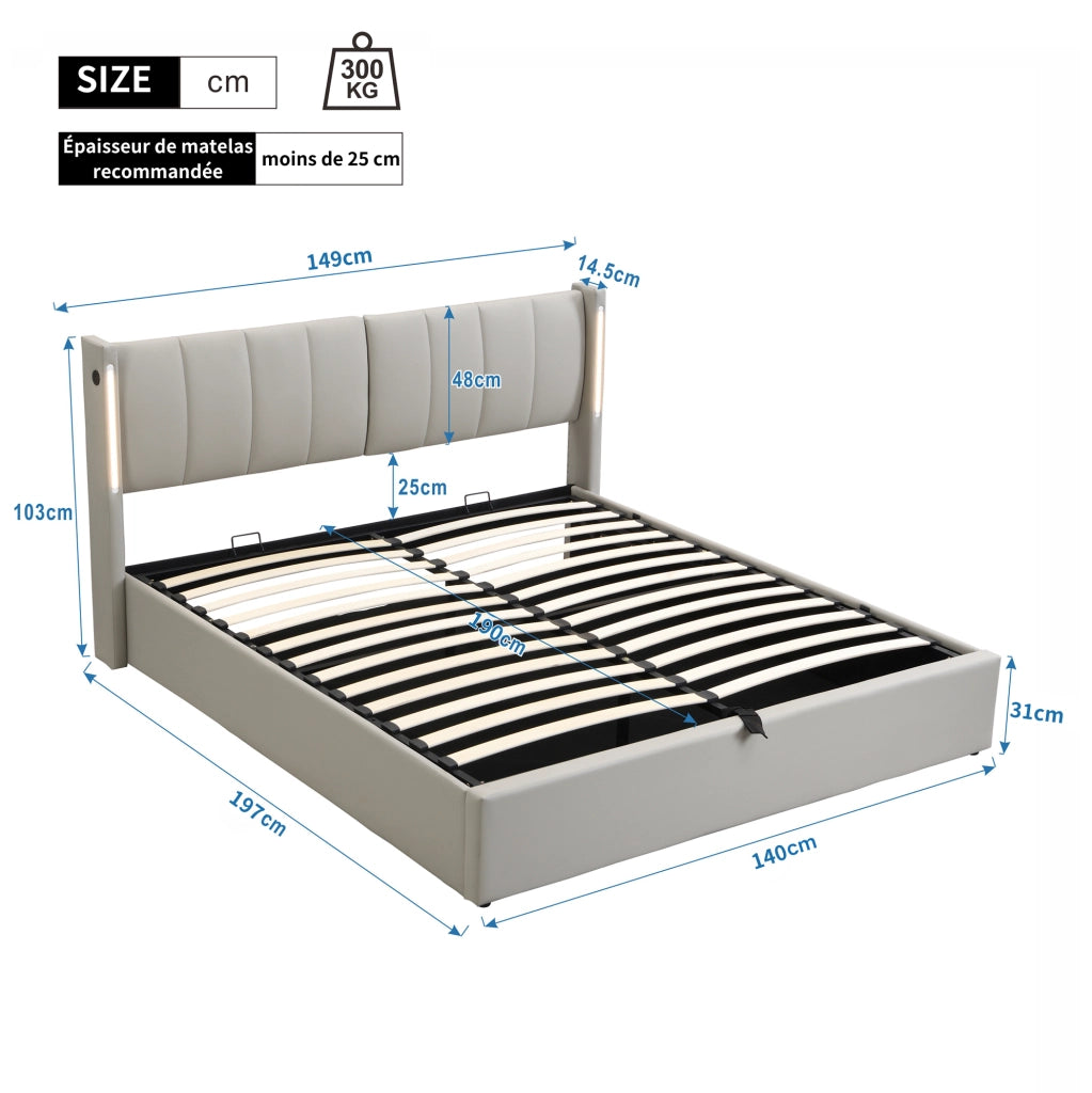 Letto imbottito grigio 140 x 190 cm con LED, USB e contenitore