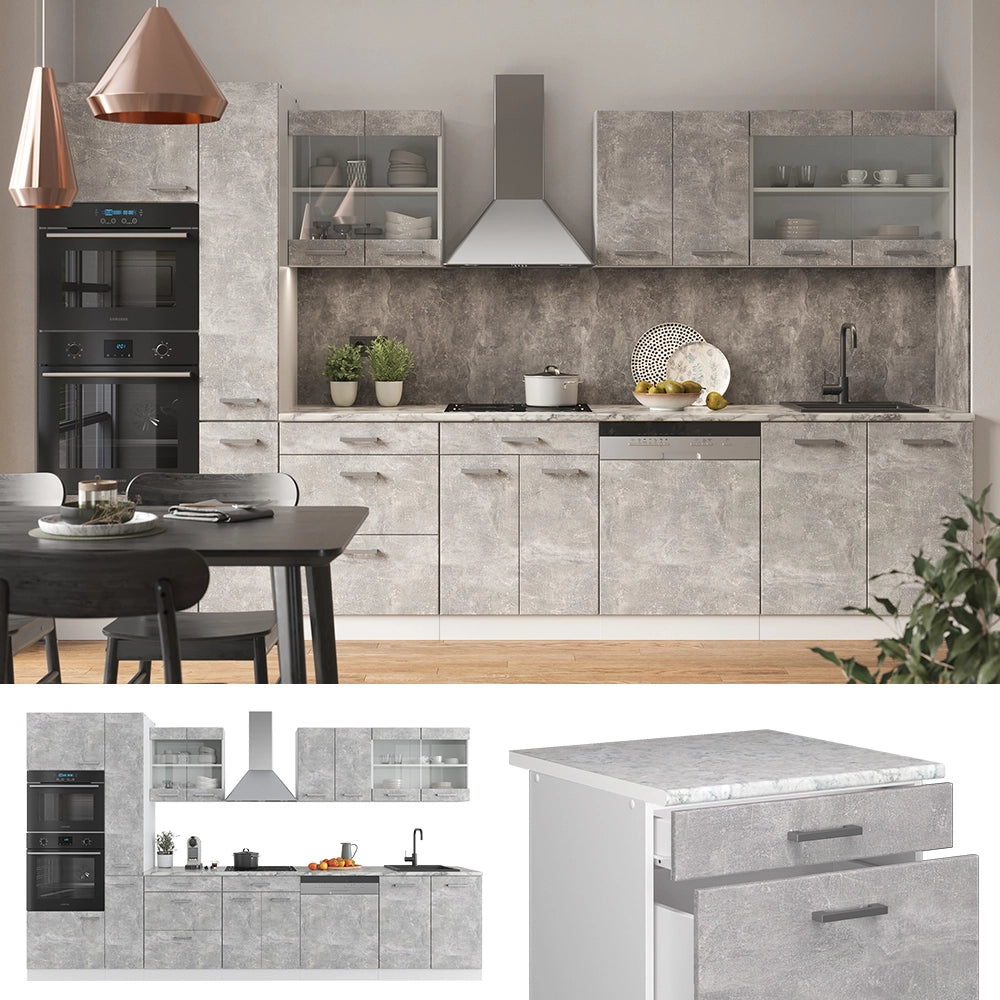 Vicco Mobile da cucina Cemento/Bianco 350 cm con armadio alto, PL Antracite