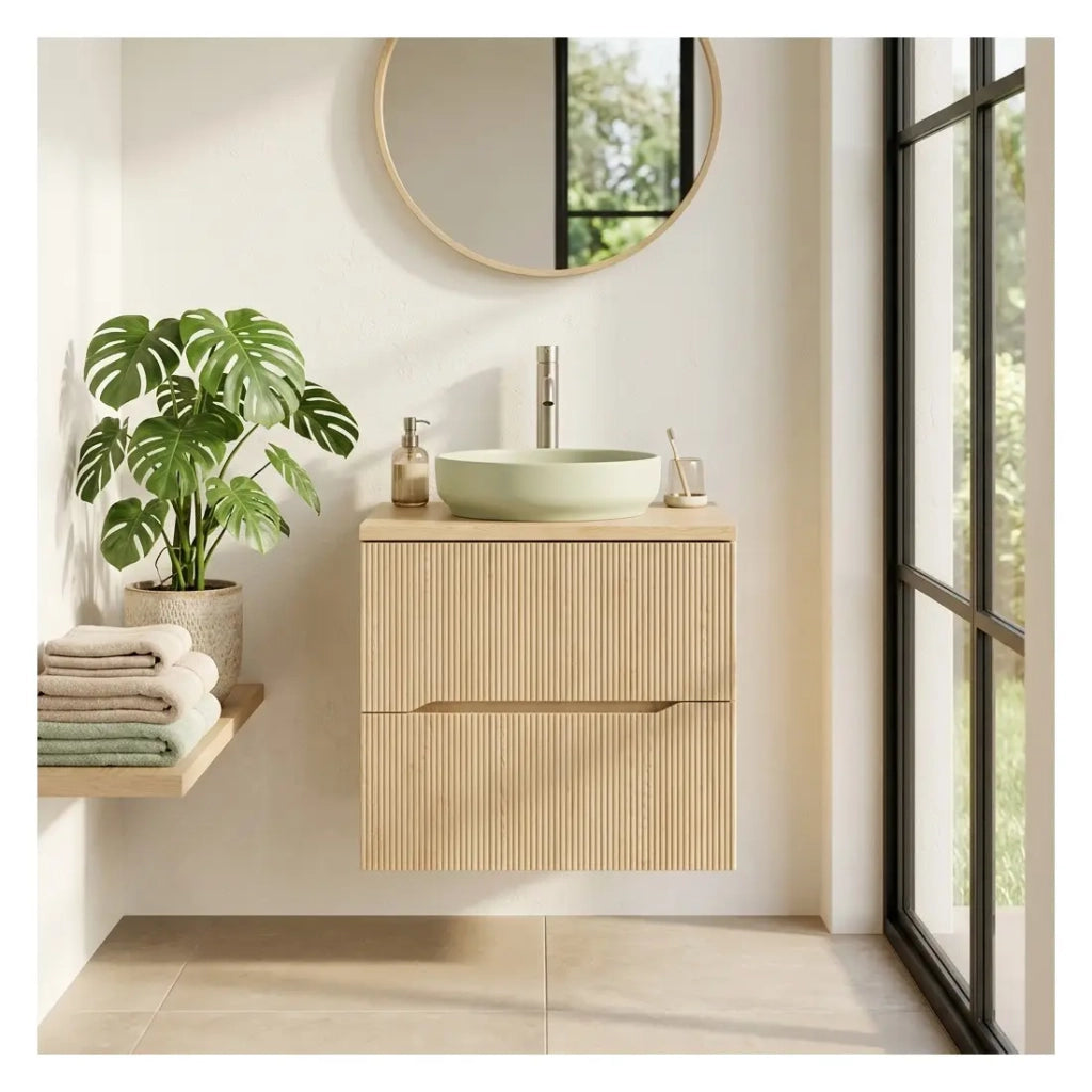 Set da bagno sospeso NATURA 60cm: mobile sottolavabo + piano per lavabo + lavabo da appoggio rotondo verde