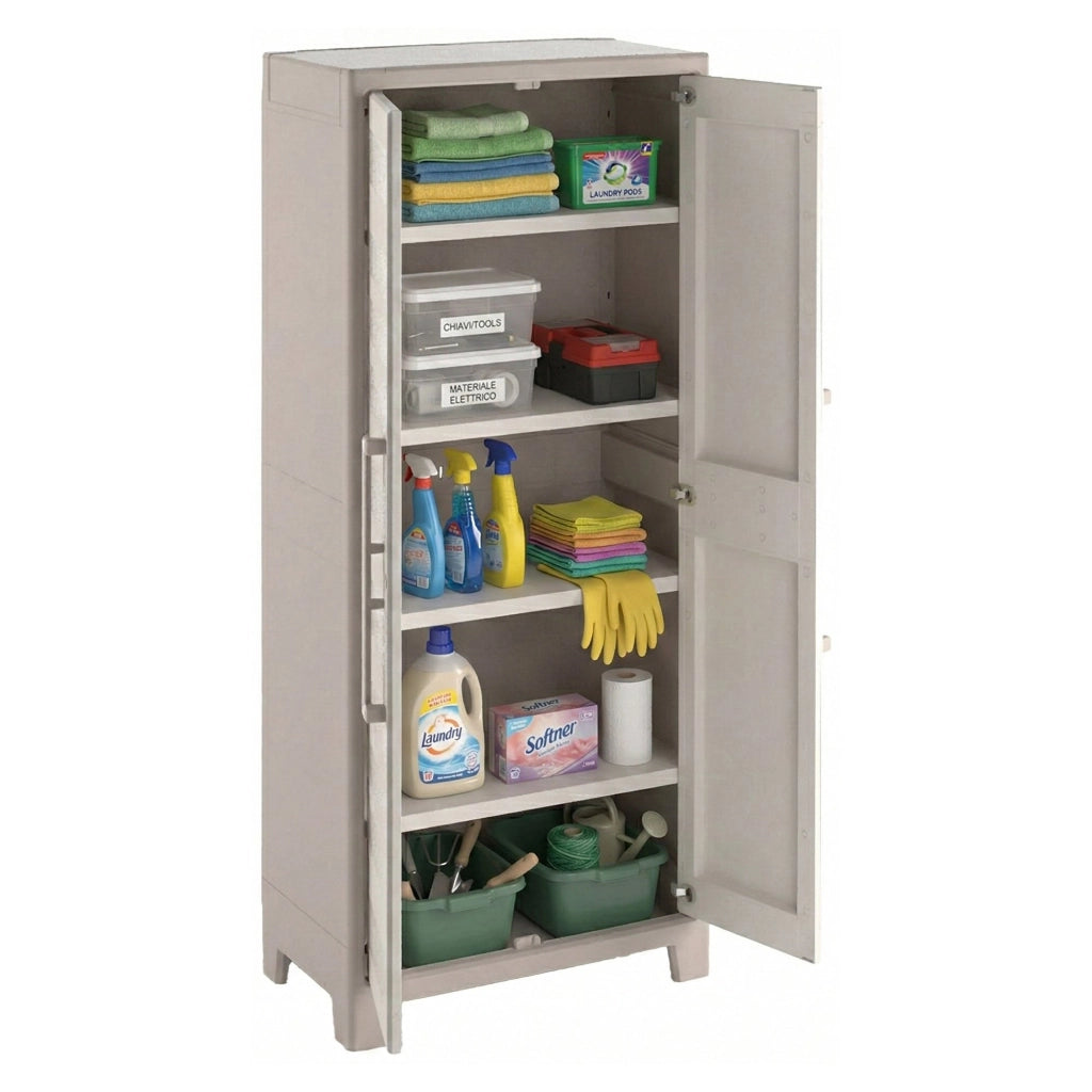 Armadio da esterno Grimsby, Mobile outdoor, Mobiletto giardino multiuso, Contenitore per balcone o garage, Made in Italy, 80x44 h182 cm, Sabbia