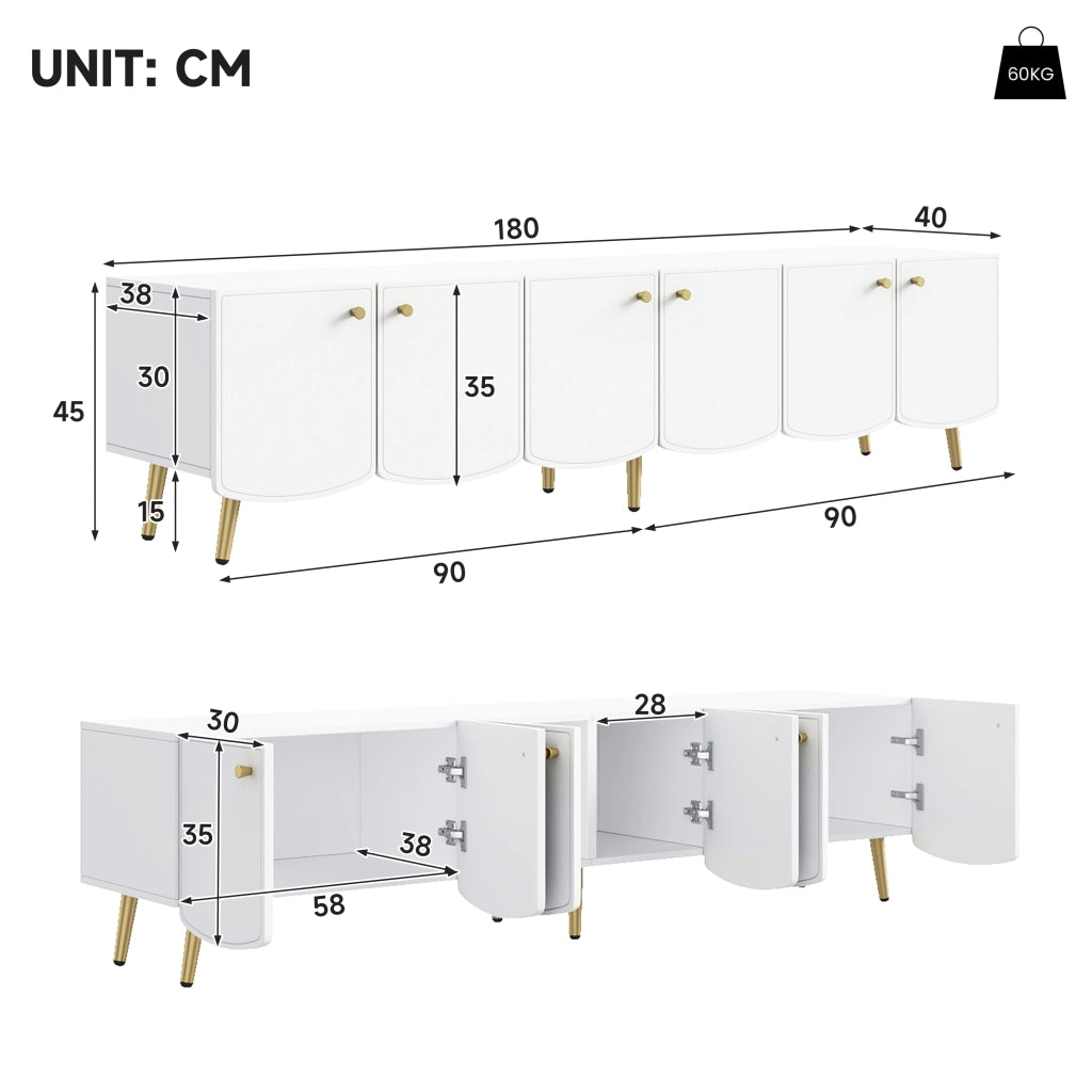 Mobile TV con 6 ante - per soggiorno - in truciolare - bianco e oro - 180x40x45 cm