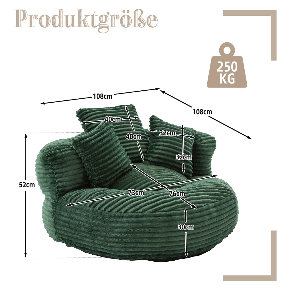 Poltrona Pouf Relax con Braccioli e Schienale Alto; 3 Cuscini; Comfort Ergonomico in Velluto a Coste Verde Smeraldo