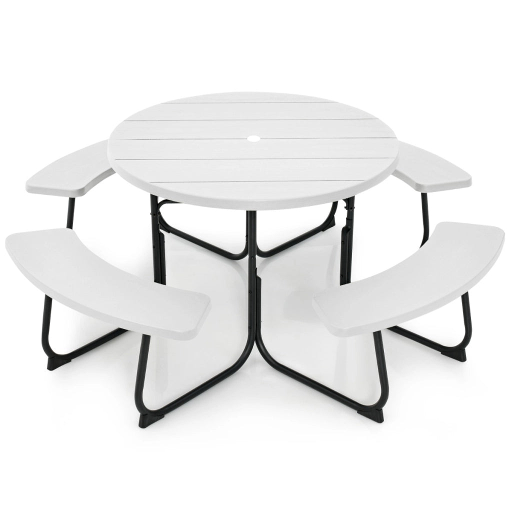 Set tavolo da picnic per 8 persone con 4 panche e foro per ombrellone, Tavolo da picnic circolare portata 225kg Bianco