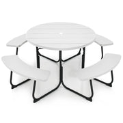 Set tavolo da picnic per 8 persone con 4 panche e foro per ombrellone, Tavolo da picnic circolare portata 225kg Bianco