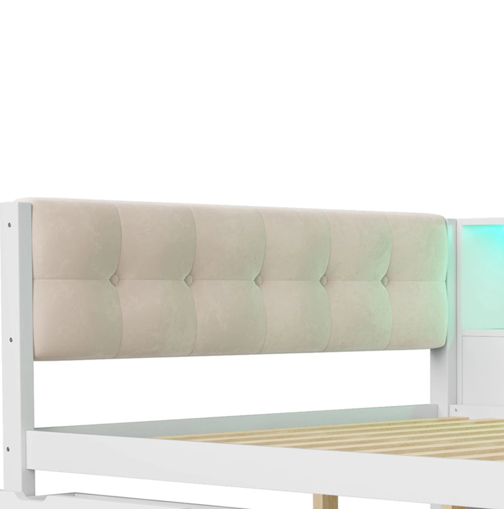 Daybed 140x200 cm con cassetti; ripiano integrato; USB e LED; in legno di pino e MDF; bianco