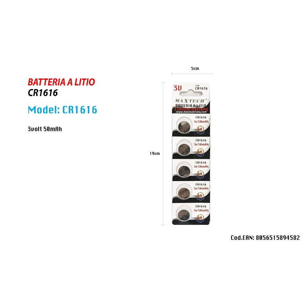 Trade Shop - 5 Batterie Cr1616 3v Pile A Bottone Per Orologi Telecomandi Apparecchi Maxtech -