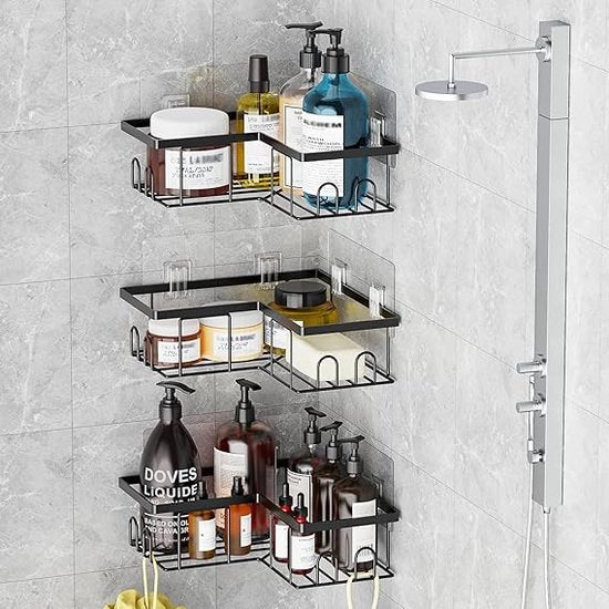 Cassetta per doccia senza fori, 3 pezzi di cassetta per doccia angolare nera 11D x 29B x 6H centimetro, cassetta per doccia angolare autoadesiva per la stanza da bagno, contenitore per doccia, shampoo e capelli per doccia (3 contenitori)