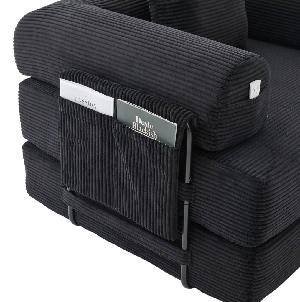 Divano modulare in velluto a coste nero 112 x 190 x 67 cm con cuscino e tasca laterale