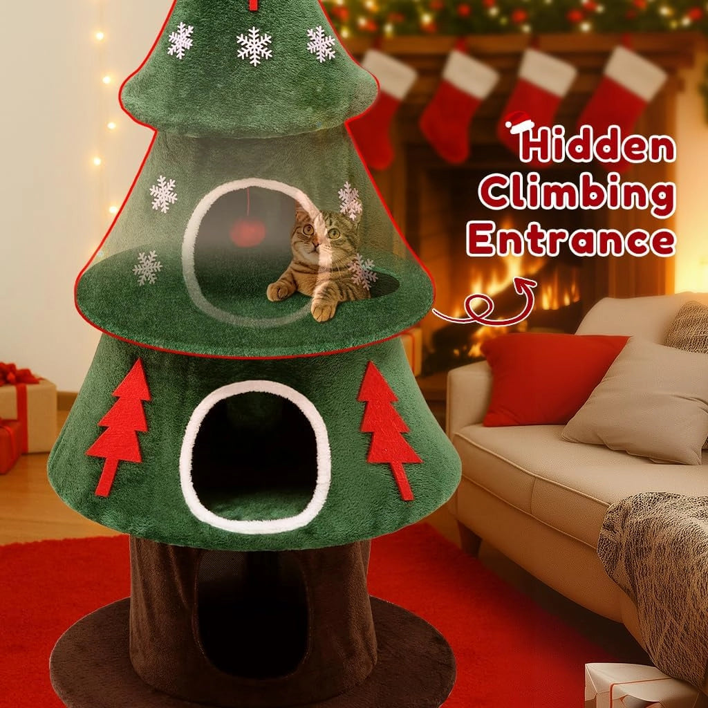 COMHOAM Tiragraffi alto 135 cm, design albero di Natale a più piani con casetta per gatti, con colonna tiragraffi, palla da gioco, albero da arrampicata stabile per gatti, verde