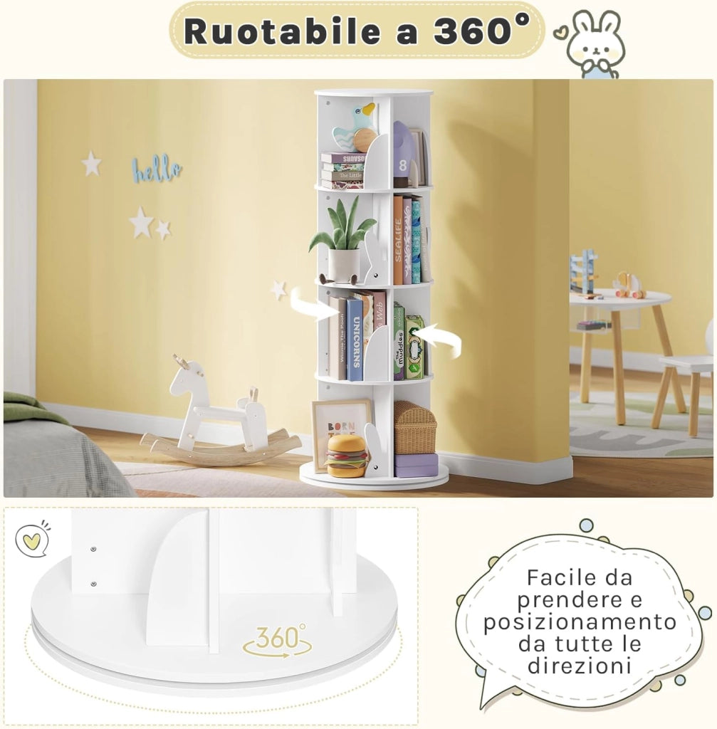 Libreria per Bambini Rotante, Libreria Girevole a 4 Livelli, Porta Libri per Soggiorno, Studio, Ufficio, Scaffale in Legno Autoportante