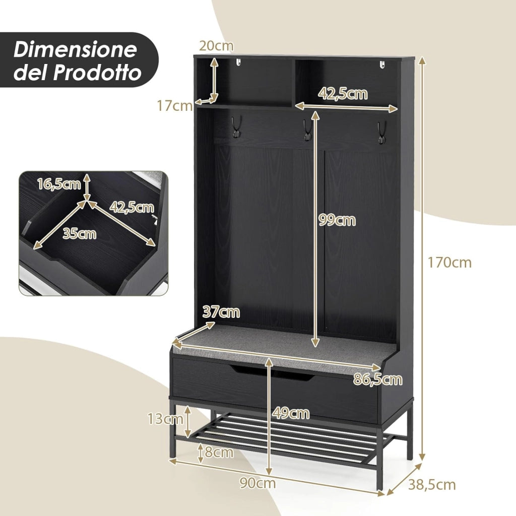 4 in 1 Appendiabiti da Ingresso, Armadio con Appendiabiti Multifunzionale, con Panca Cuscino e Ganci, Panchina per Ingresso, 90 x 38,5 x 170 cm (Nero)