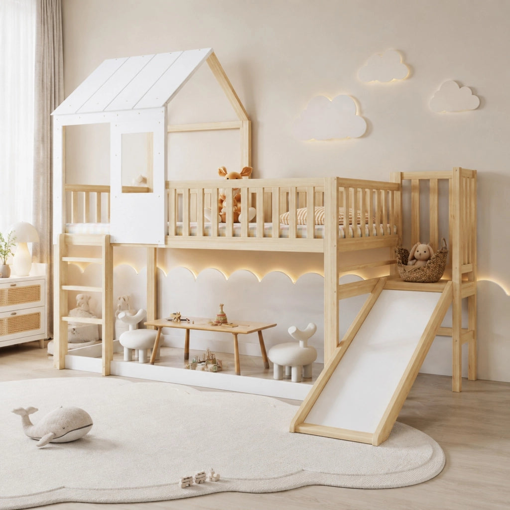 LETTO A CASTELLO con scivolo, tetto e finestra 90x200 cm legno naturale/bianco