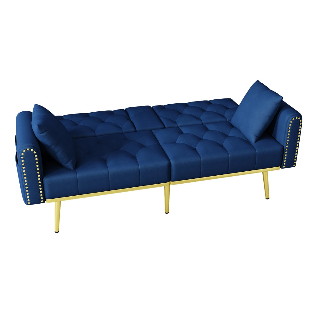 Divano letto 2 posti - con schienale reclinabile e portabicchieri - in velluto blu