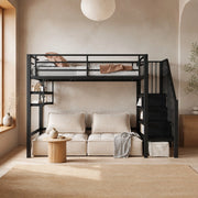 DESMIU Letto a soppalco per bambini 1 posto con scaffali, scala contenitore e barriera 90 × 200 cm, senza materasso