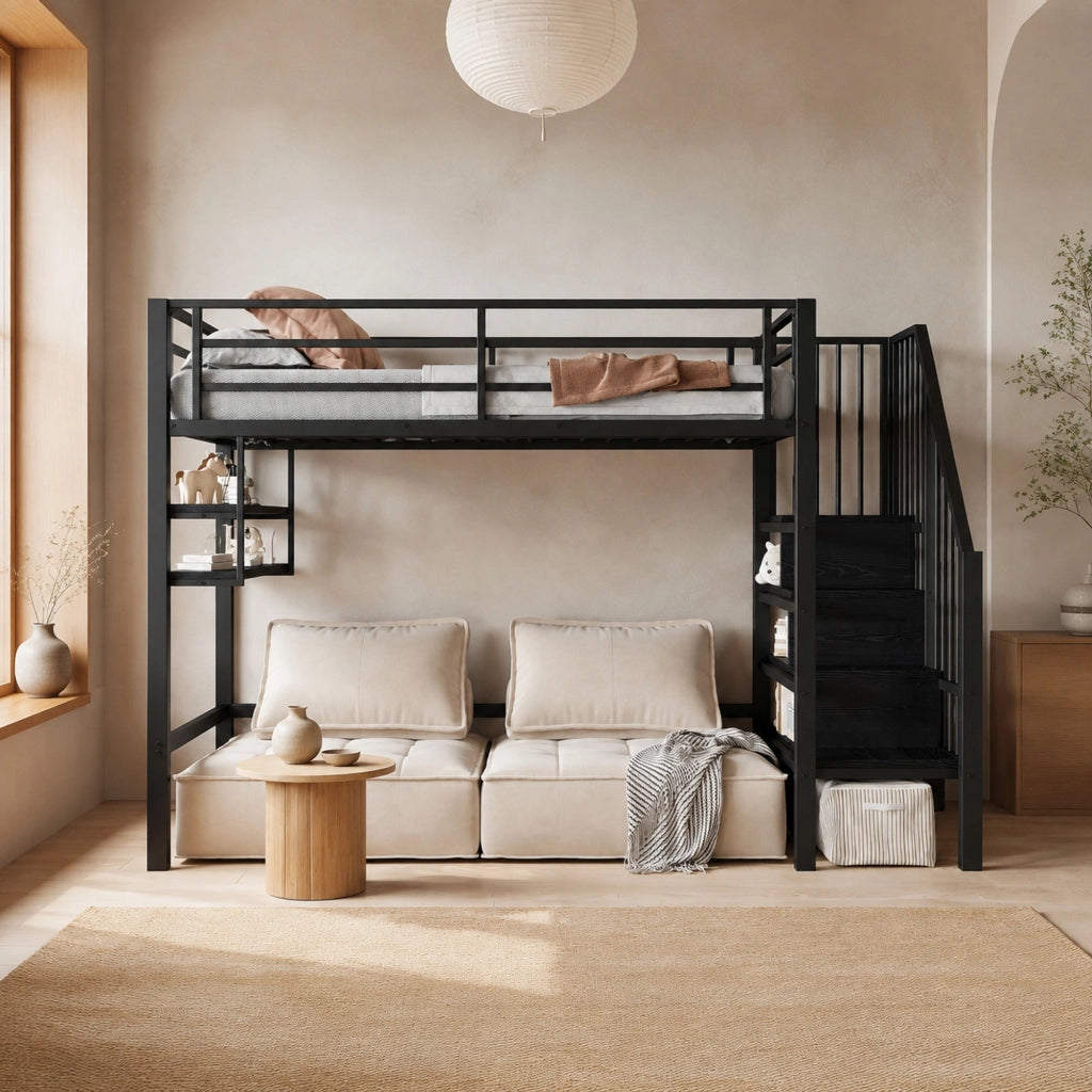 DESMIU Letto a soppalco per bambini 1 posto con scaffali, scala contenitore e barriera 90 × 200 cm, senza materasso