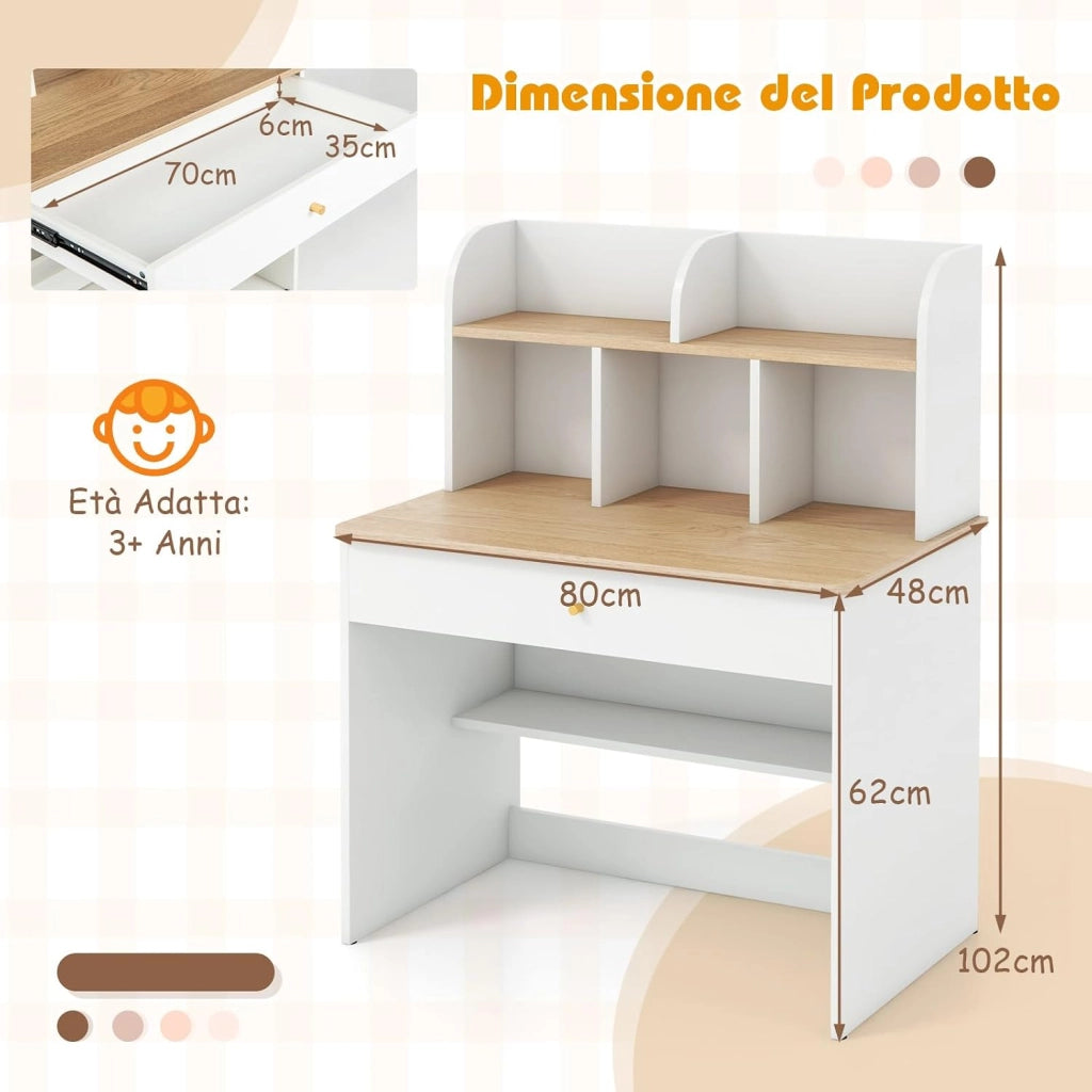 Scrivania in Legno 80 x 48 x 102 cm per Bambini 3+ Anni, Scrivania Cameretta Bambina con 5 Mensole, 1 Cassetto, Spazio di Lavoro e Angoli Arrotondati, Ideale per Studio e Disegno (Naturale)