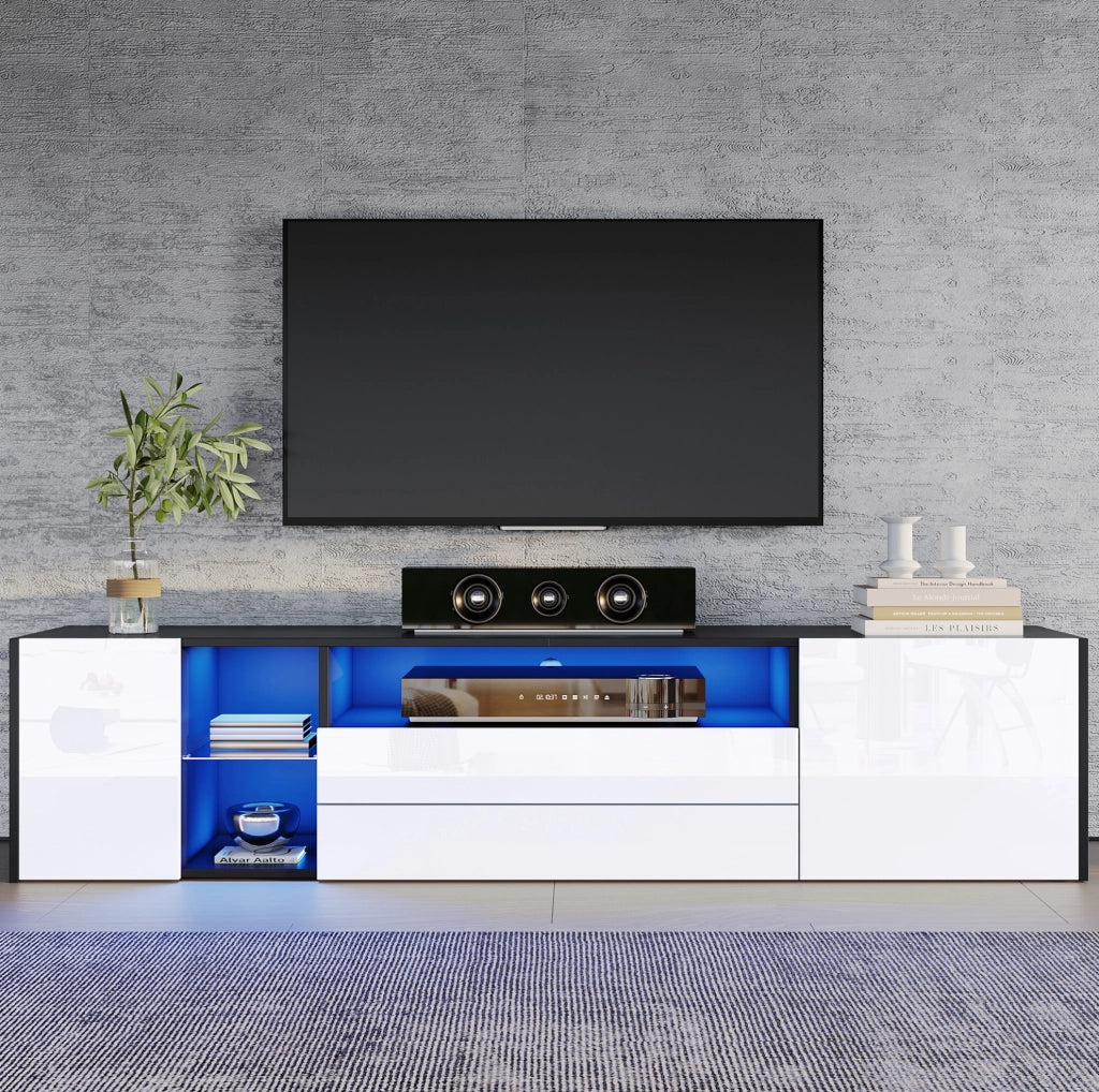 Mobile TV ULEVR 180x40x45 cm con LED controllabile via app, 2 cassetti e 2 vani chiusi, bianco e nero