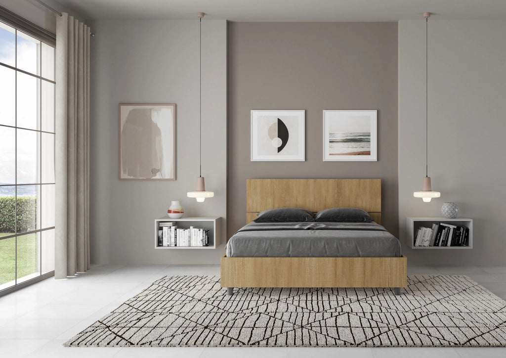 BS COM Letto matrimoniale francese con rete 140x190 testata inclinata quercia