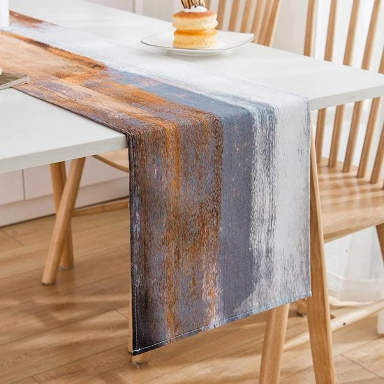 Tavolo da pranzo con tenda a lenti arancione e grigio in tessuto 33 x 180 cm dipinto moderno di olio abstracto tavolo da pranzo decorativo per arredamento di casa, arredamento di stanza, decorazione di tavola per primavera estate festa Pasqua.
