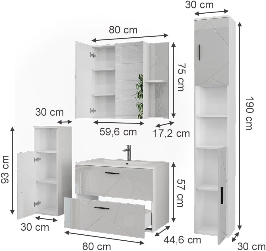 Set di mobili da bagno Irma, Bianco/bianco lucido, 80 cm, composto da mobile sottolavabo, lavabo, pensile, colonna e mobile medio