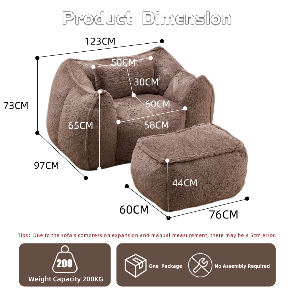 Poltrona pouf ergonomica senza montaggio con poggiapiedi e imbottitura in schiuma in faux fur kaki per relax