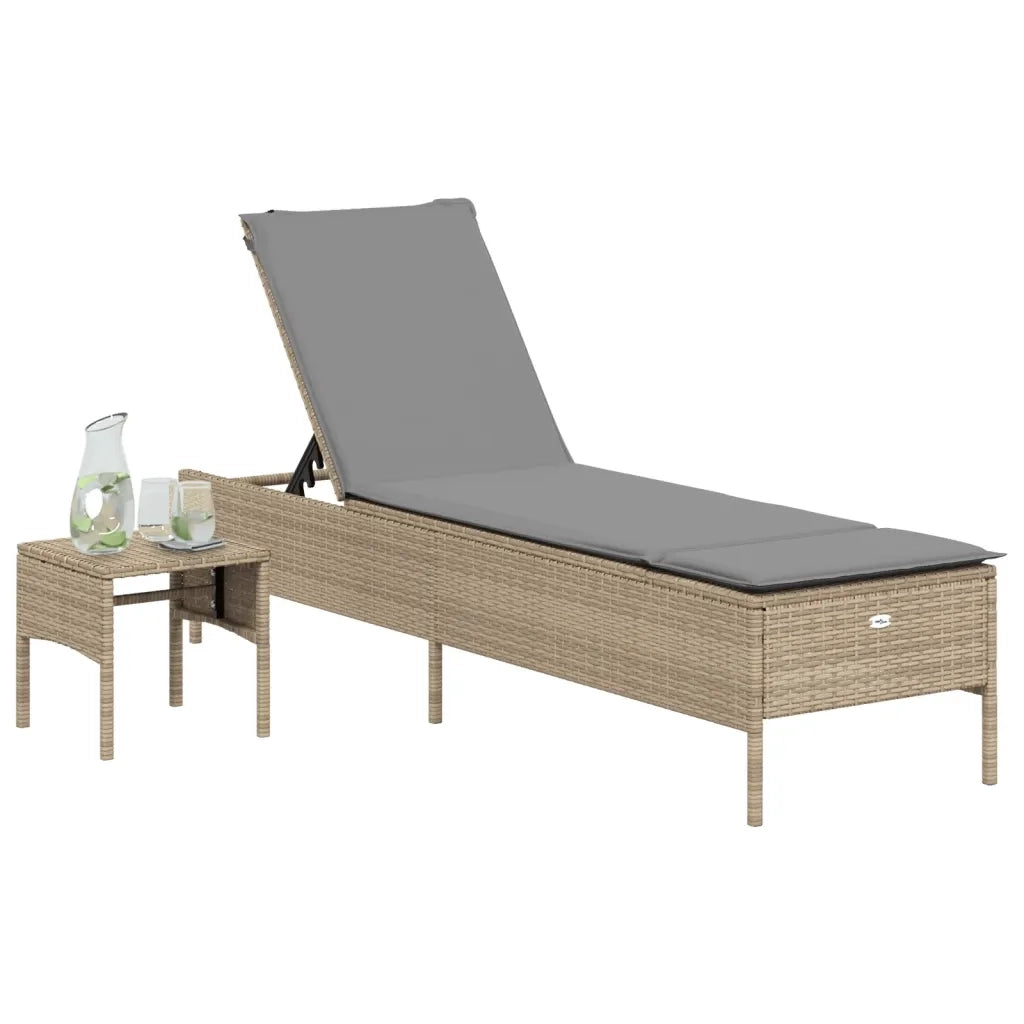 Lettino Prendisole | Sdraio da giardino | Lettino da sole con Tavolo e Cuscino Beige in Polyrattan