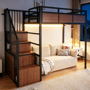 Letto a soppalco 90x200 cm con scala portaoggetti e LED in metallo e legno nero