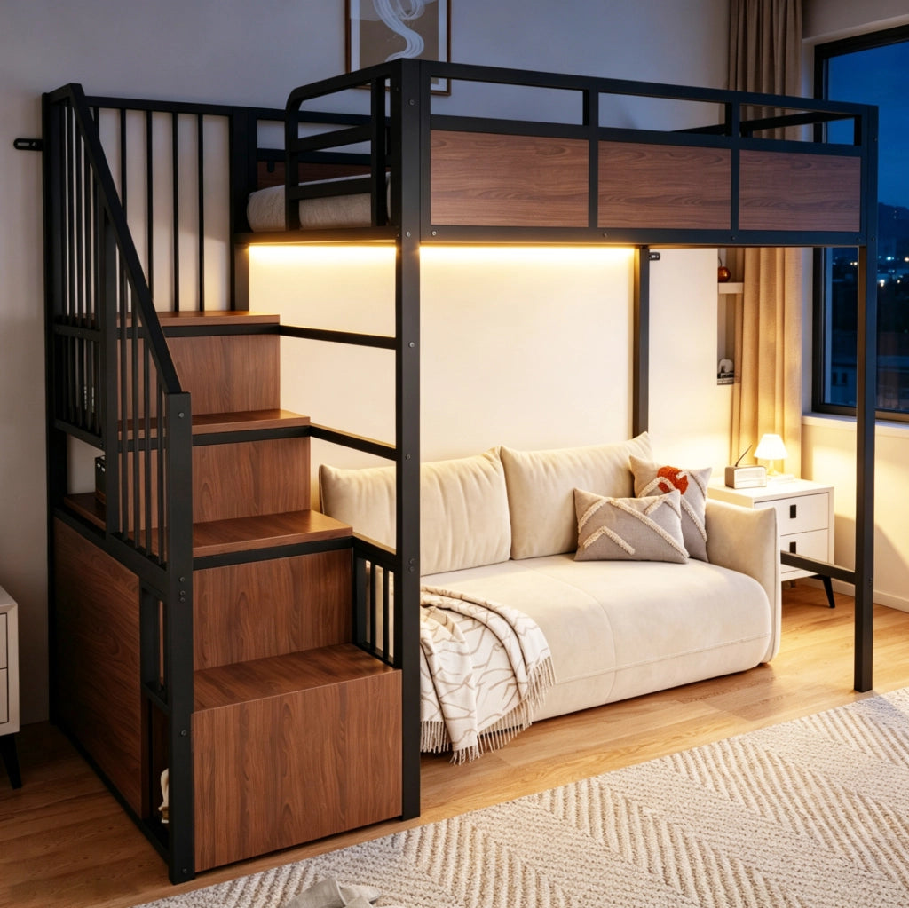 Letto a soppalco 90x200 cm con scala portaoggetti e LED in metallo e legno nero