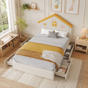 Letto a casetta 140 × 200 cm con 4 cassetti imbottito rivestito in velluto francese beige