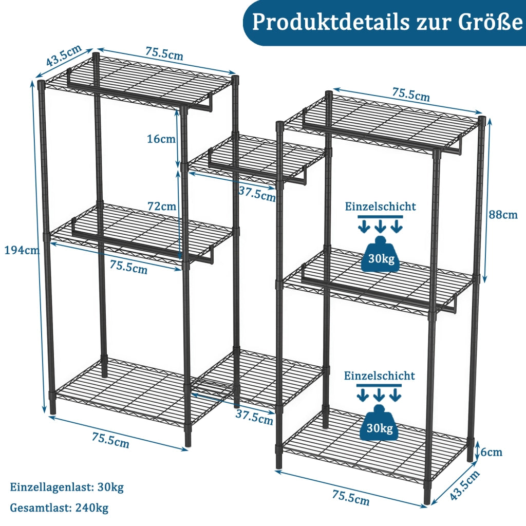 PORTA ABITI 80x46x24 cm Nero con 8 ripiani e 5 barre appendiabiti