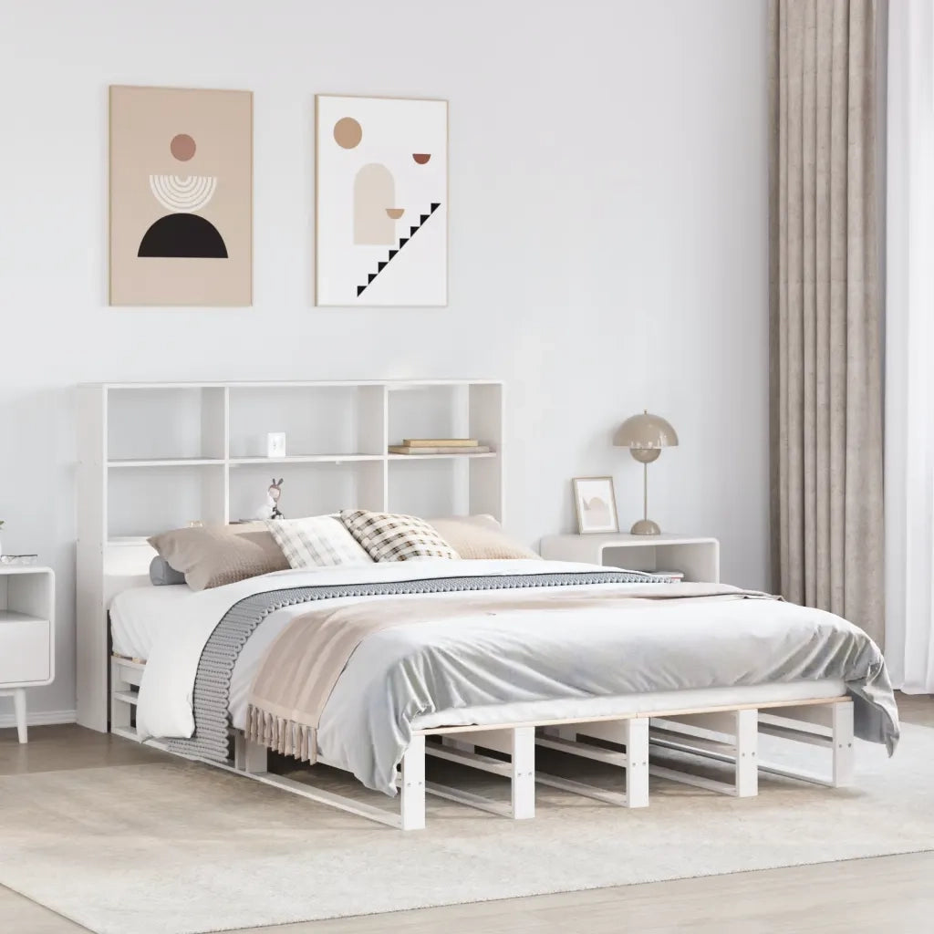 Letto Libreria senza Materasso-Struttura Letto con contenitore Bianco 160x200 cm Legno Massello 922275