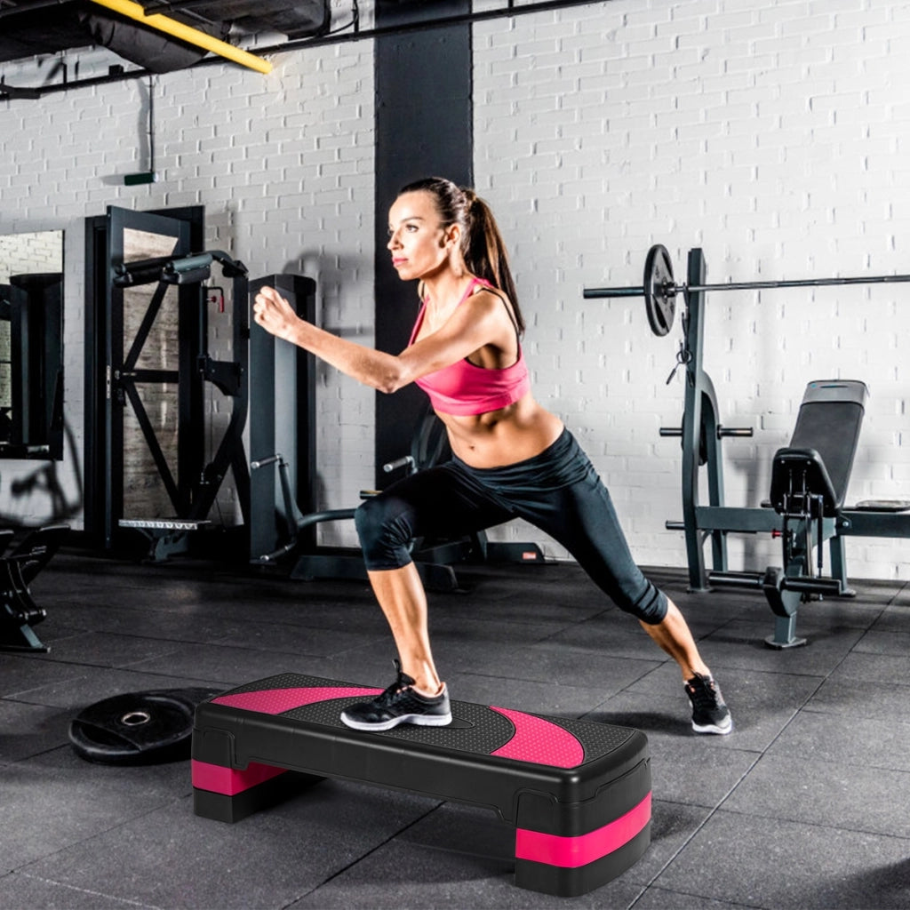 Step 78 cm con alzate e superficie antiscivolo, Piattaforma step per aerobica e allenamento, Nero e rosa