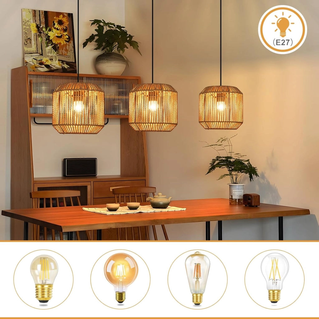 Lampada a sospensione ZMH vintage a 3 luci in stile legno e rattan (lampadina non inclusa)