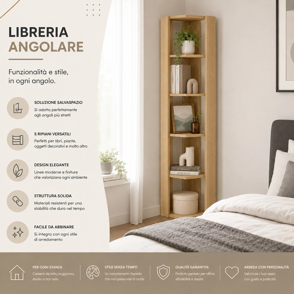 Libreria Angolare 34x34x161 cm Scaffale Salvaspazio 5 Ripiani in Legno Quercia