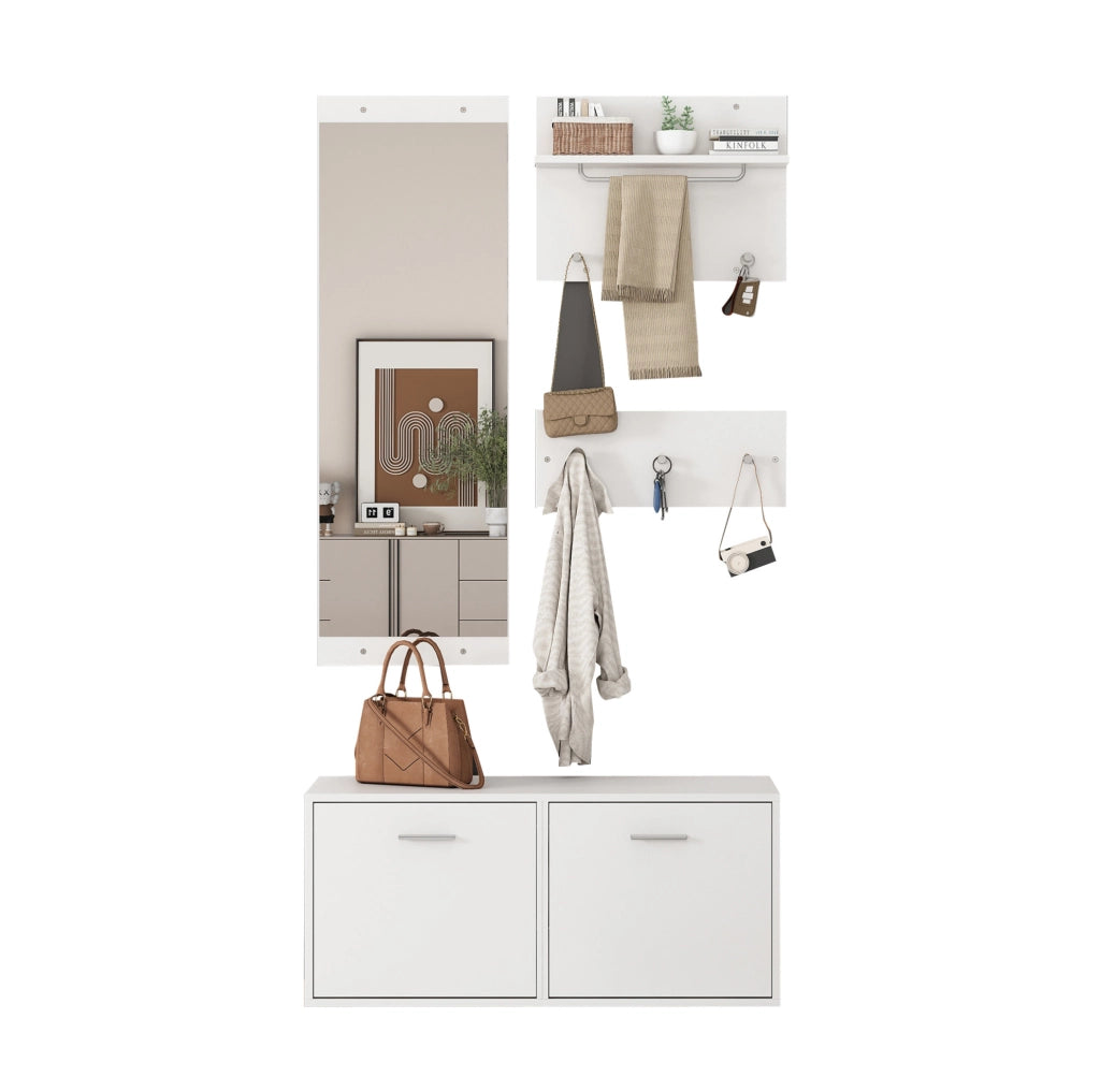 Set guardaroba da ingresso 4 pezzi con specchio e scarpiera; bianco
