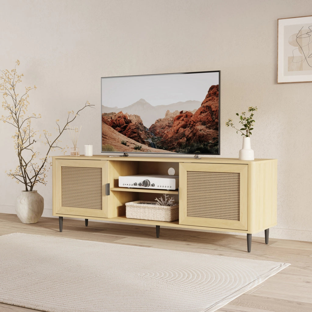 Mobile TV Lukhomso con Ante Inserto Effetto Rattan 152x40x54 cm Effetto Rovere [en.casa]