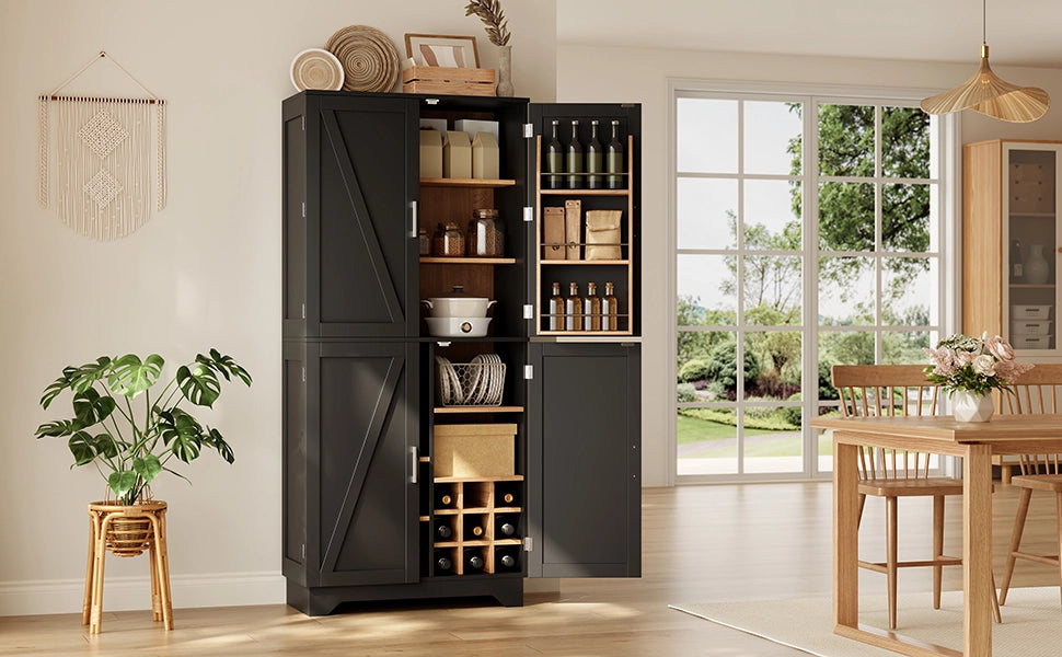 Credenza alta con 4 ante stile barn door, portabottiglie e vani aperti, 80 x 40 x 180 cm