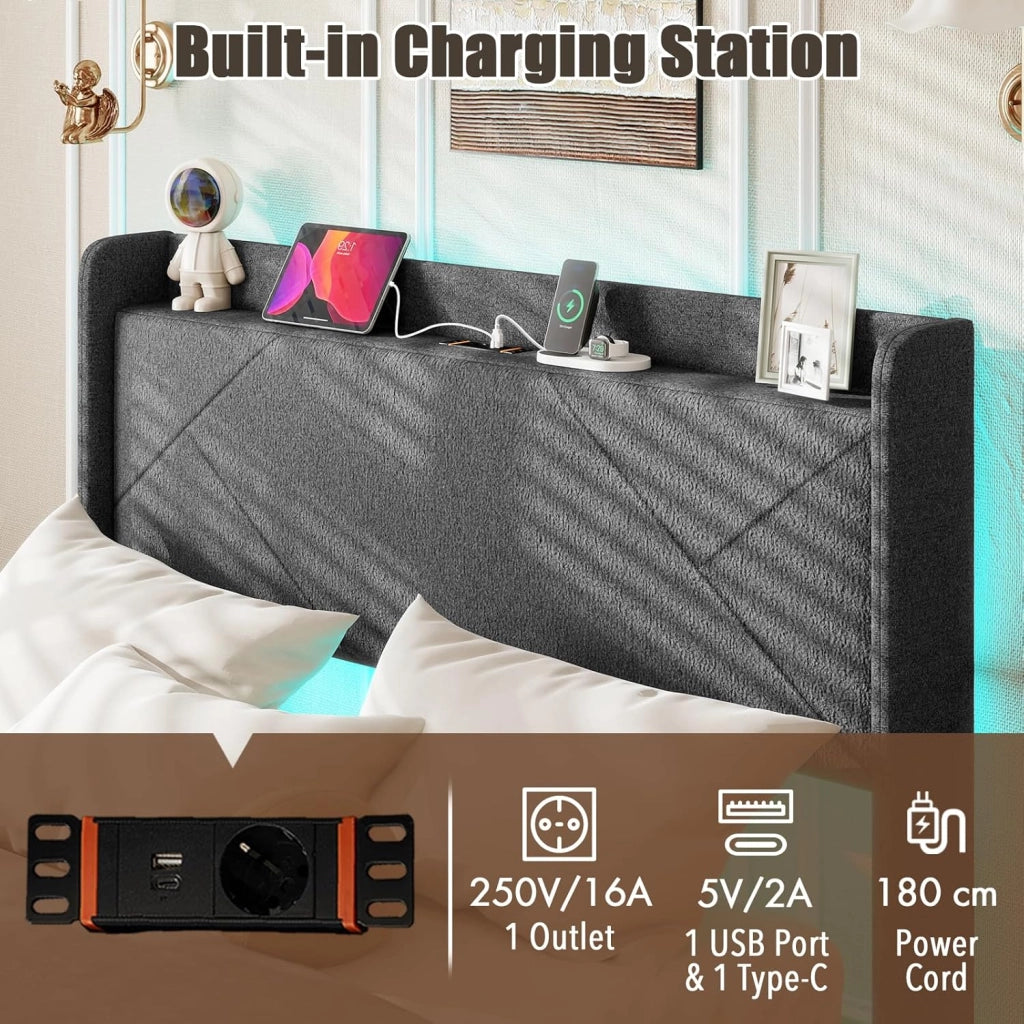 Telaio Letto Matrimoniale 160 x 200 cm con Illuminazione a LED, Presa e Stazione di Ricarica, Telaio Imbottito con Rete a Doghe, 4 Cassetti Pieghevoli e 2 Tasche, Grigio