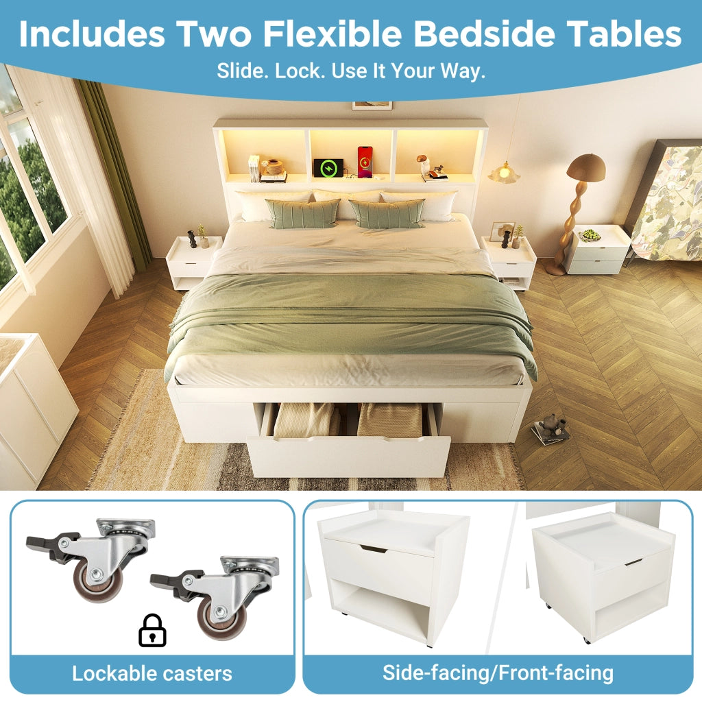 Letto contenitore matrimoniale 140 × 190 cm con 2 comodini mobili, LED, USB Type-C, cassetto, senza materasso